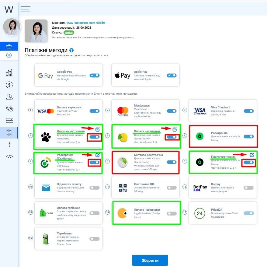Платіжні методи WayForPay: зеленим обведено 5 інструментів оплати частинами, червоним 2 інструменти розстрочки